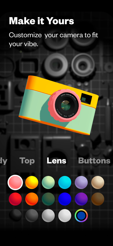 (Not Boring) Camera - Una pantalla de personalización de modelo de cámara 3D en la aplicación Not Boring Camera que muestra una cámara colorida y una paleta de opciones de color de lente.