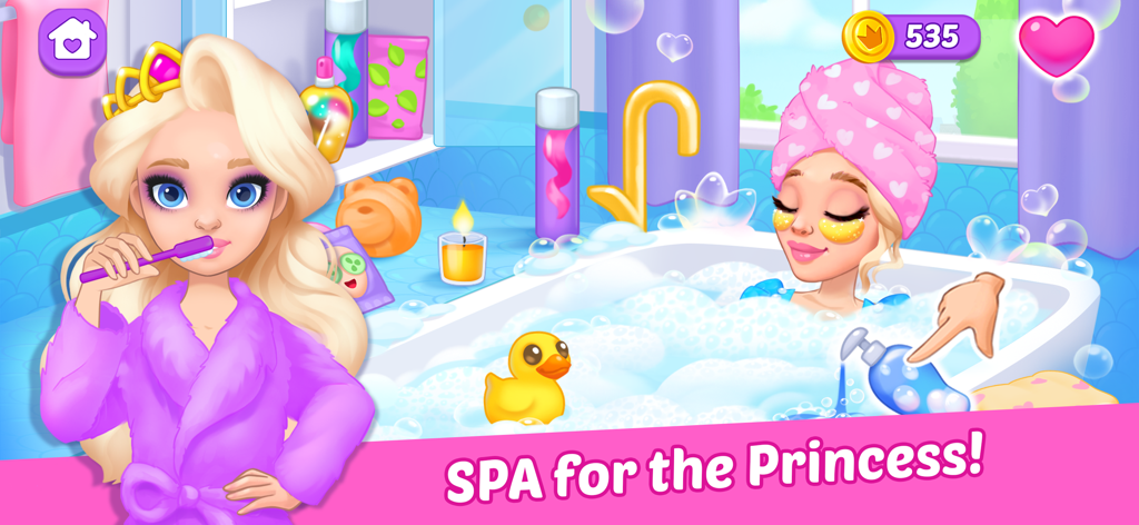 Doll Dream house! Life games! - A princess doll brushing her teeth while another doll relaxes in a bubble bath with spa eye patches.