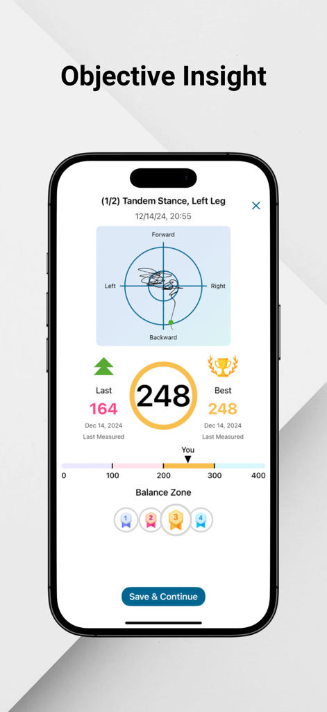 Aspire Connect - Aspire Connect app displaying balance assessment results and movement analysis for a tandem stance exercise.