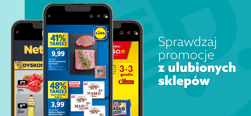 Blix - Gazetki Promocyjne - Smartphone screens displaying digital grocery store circulars and promotional offers