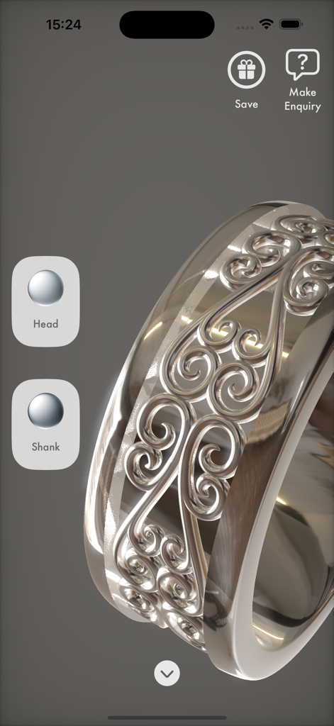 Ceric AR - Close up of a silver ring with intricate scrollwork patterns in the Ceric AR design tool