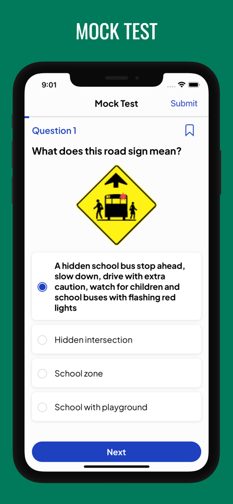G1 Practice Test Ontario 2025 - A mock test question from the G1 Practice Test Ontario app about a school bus road sign.