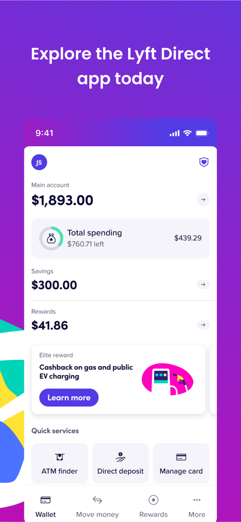 Lyft Direct mobile app dashboard showing account balance and driver rewards