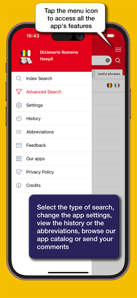 ルーマニア語辞書Hoepliアプリのメインメニューで、検索オプションと設定が表示されている様子。