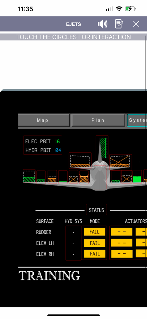 E-JETS Virtual Panel - E-JETS Virtual Panel app showing interactive aircraft status synoptic and system failure modes for pilot training