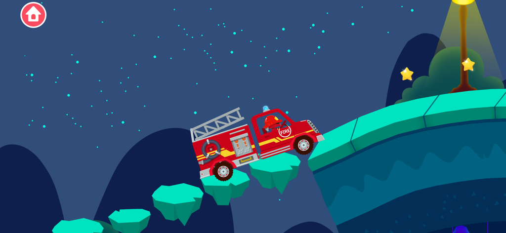 Un camion de pompiers rouge en dessin animé roulant sur des plateformes flottantes sous un ciel étoilé.