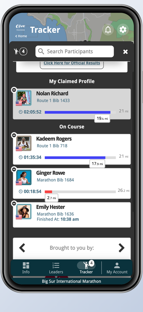 SVE Live! - SVE Live mobile app screen showing real-time tracking of multiple marathon participants with progress bars and distances