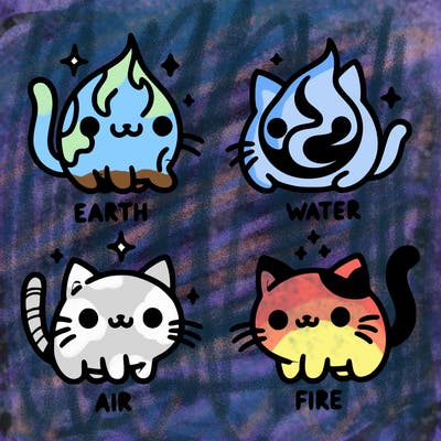 4 cats that represent the different elements, earth, water, air, and fire