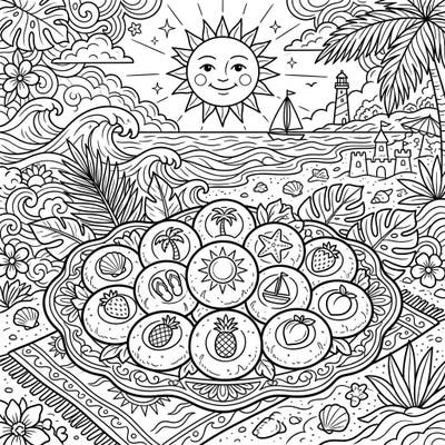 Get ready for a delicious dose of summer fun with this vibrant coloring page featuring an array of delightful thumbprint cookies. Each cookie is filled with a unique summer symbol, surrounded by an exciting beach vacation landscape waiting for your creative touch.
