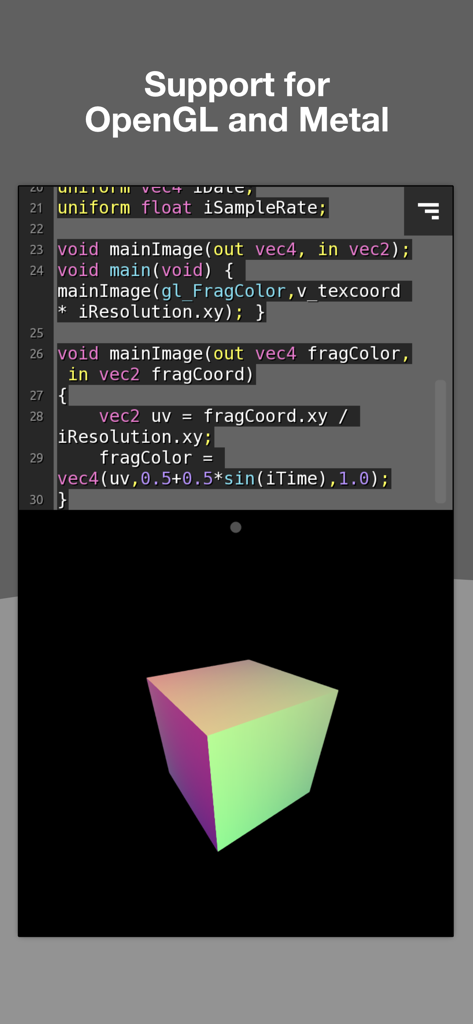 KodeLife - KodeLife app interface displaying a GLSL code editor and a real-time 3D rendered cube with support for OpenGL and Metal