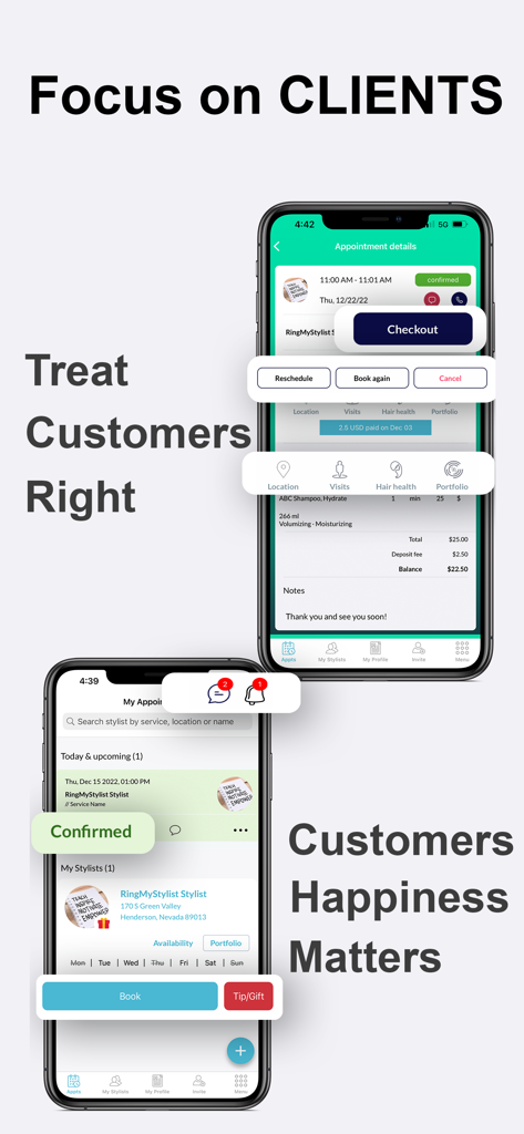 Ring My Stylist: Booking App - Mobile app interface showing client appointment details and booking options.