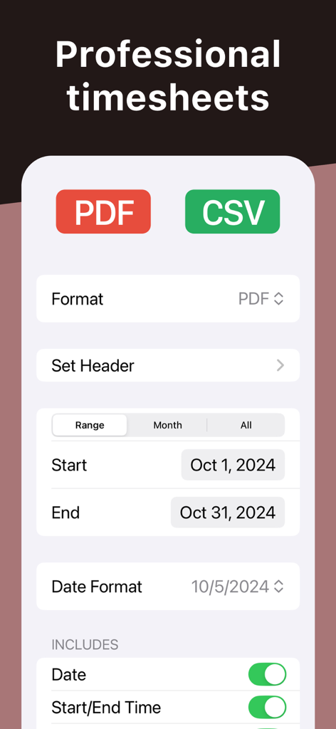 Work Hours Tracker: WorkClock - WorkClockアプリ内でPDFおよびCSV形式のプロフェッショナルタイムシートをエクスポートするためのインターフェース