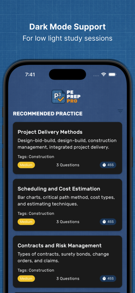 PE Prep Pro - Interfaz de la aplicación móvil PE Prep Pro que muestra soporte de modo oscuro con temas de práctica recomendados para exámenes de ingeniería.