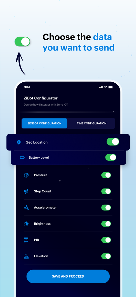 ZiBot app interface showing sensor configuration options to choose which smartphone data to send to Zoho IOT