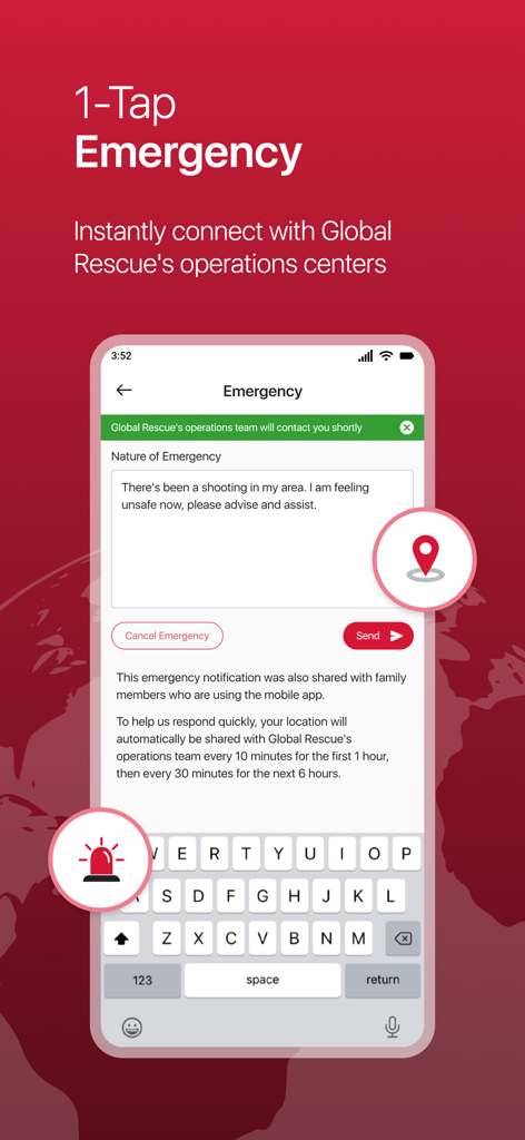 A screenshot of the My Global Rescue app showing the one-tap emergency assistance feature with a text input field for reporting safety issues.