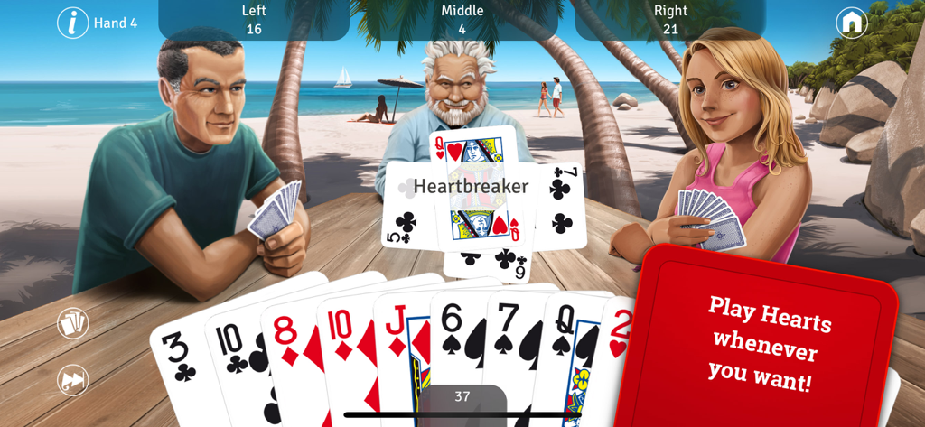 Hearts XT card game gameplay showing a hand of cards and players at a beach table