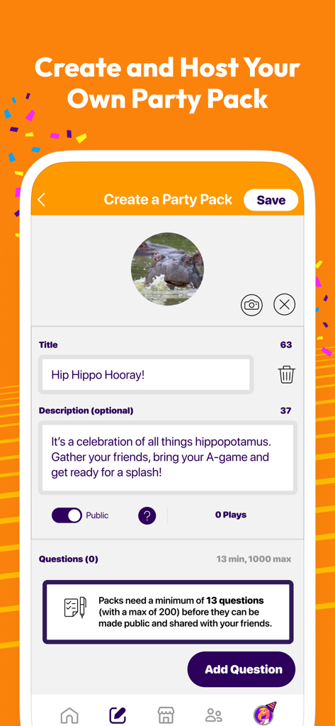 Interface for creating and hosting a custom user-generated trivia pack in the Sporcle Party app