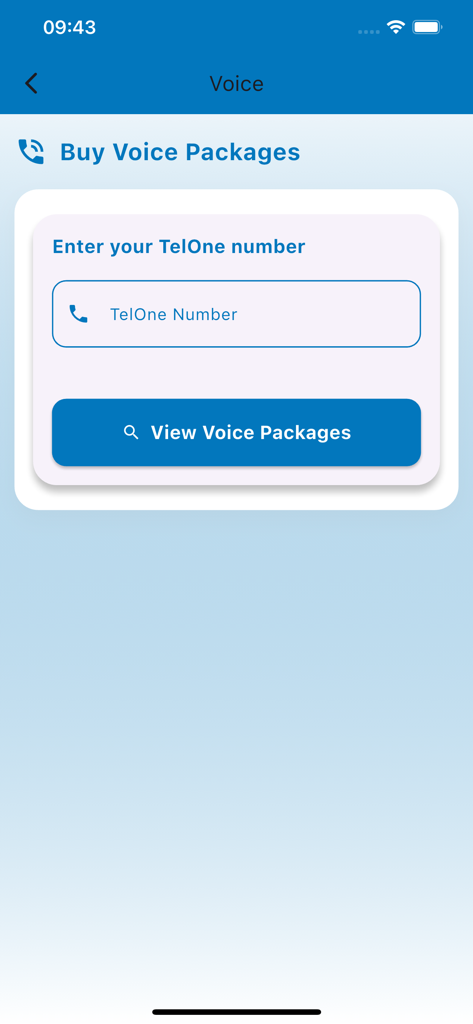 My Telone V3 - TelOne番号を入力してボイスパッケージを購入するモバイルアプリのインターフェース