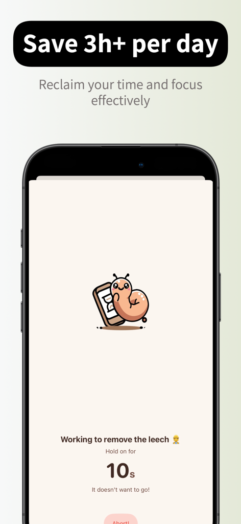 App Time Limit: Screen Leech - Screen Leech app display showing a 10 second hold timer to unblock apps featuring the Leechy mascot.