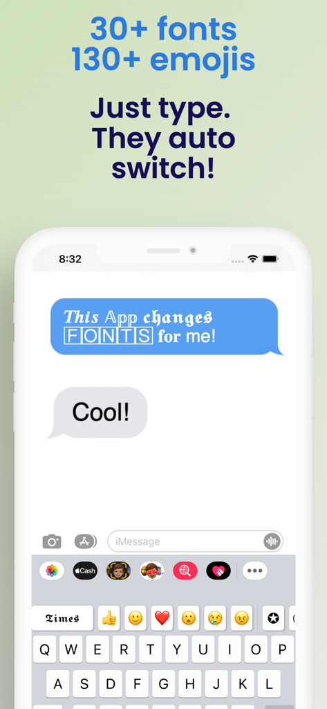 Auto Fonts Keyboard - facemoji - Tela do iPhone mostrando uma conversa de texto usando fontes personalizadas automáticas e um teclado de emojis