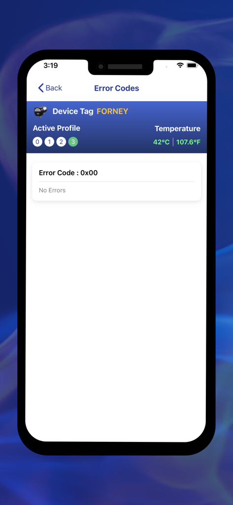 Forney PRO - Forney PRO app interface displaying system error codes and device temperature for a flame detector.