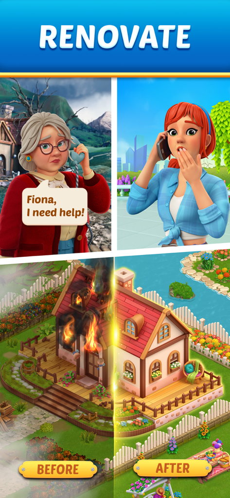 Fionas Farm game screen showing a farmhouse renovation before and after comparison