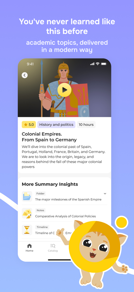 Interfaz educativa de la aplicación Introvert mostrando un resumen del curso sobre Imperios Coloniales en Historia y Política.