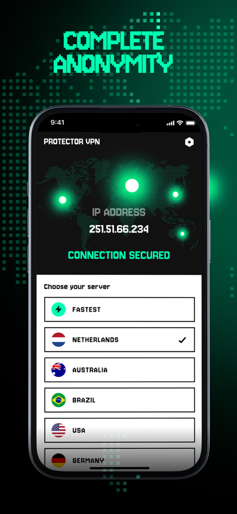 VPN Protector & Proxy - Interface of VPN Protector app displaying a list of international servers and a secured connection status