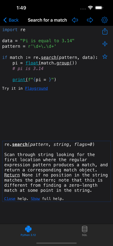 Python & SQL - Python code example for regular expression search in the Python and SQL app.
