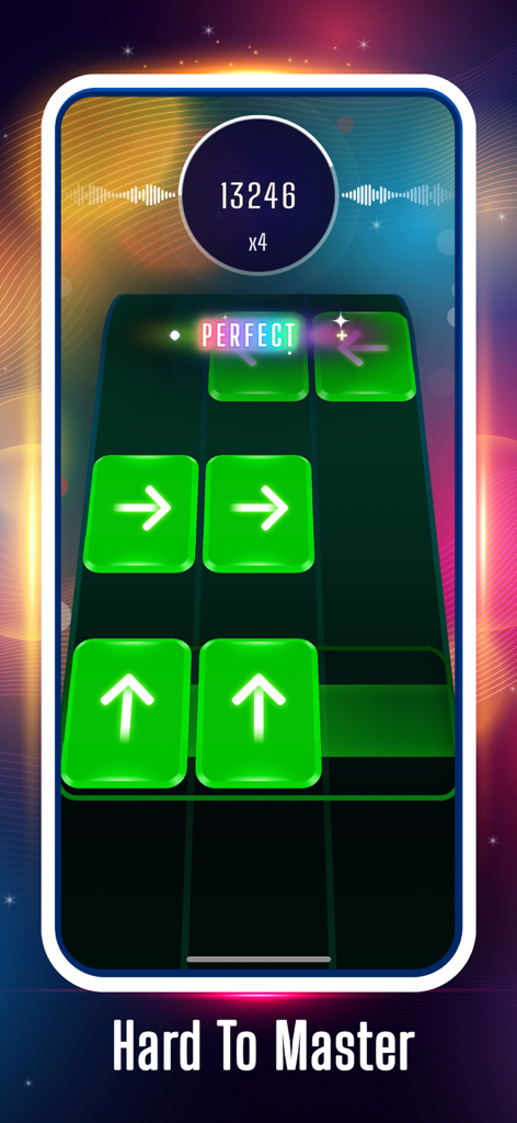 Tap Tap Hero: Be a Music Hero - Captura de pantalla de la jugabilidad del juego de ritmo musical Tap Tap Hero que muestra teclas de flecha verde y un indicador de acierto Perfecto.