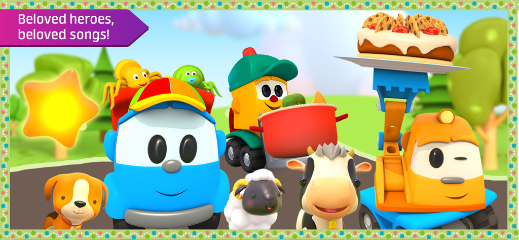 Leo the Truck and friends in a colorful preschool music app scene