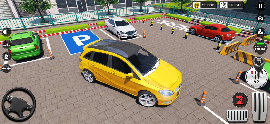 City Car Parking- Car Games - Vista dentro del juego de un coche amarillo en un aparcamiento con controles de conducción realistas