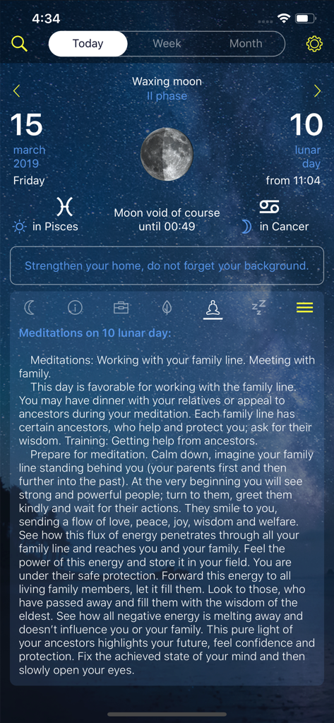 Lunar calendar Dara-Lite - Lunar calendar app interface showing daily moon phase data and spiritual meditation advice for the tenth lunar day