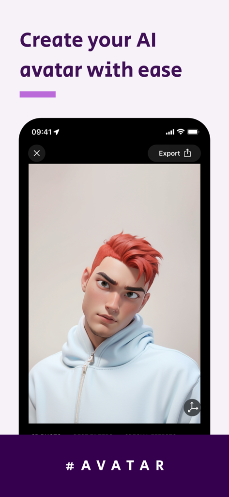Screenshot of Loopsie app showing an AI generated anime avatar of a young man with red hair and a light blue hoodie.