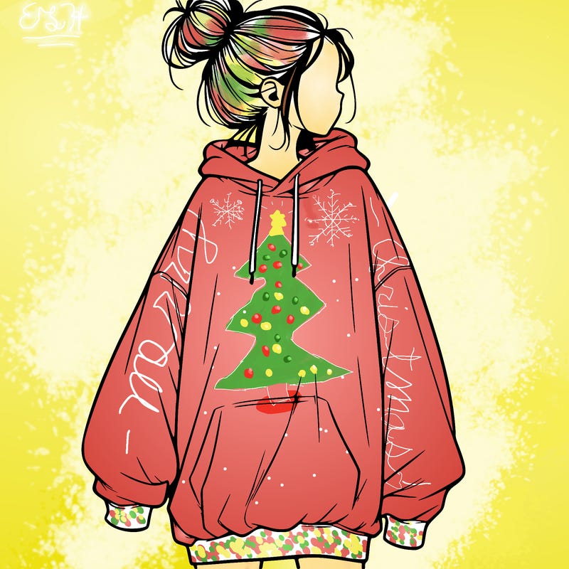realistic girl with a oversized sweatshirt on and a bun
