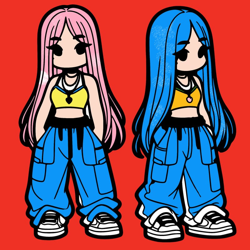 girl in baggy pants crop top and long hair