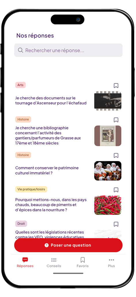 Eurêkoi - L'interface de recherche de l'application Eurekoi affichant un flux de réponses organisées par des humains de bibliothécaires dans diverses catégories comme l'histoire et les arts