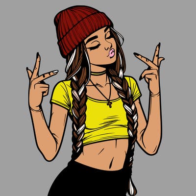 realistic teenage girl with braids and a beanie and crop top doing 🫶🏼