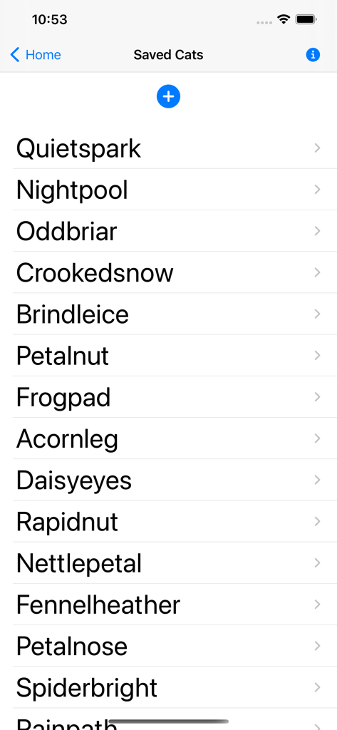 Clan Cat Generator - Uma lista de personagens de gatos salvos com nomes únicos de clã no aplicativo Gerador de Gatos de Clã.