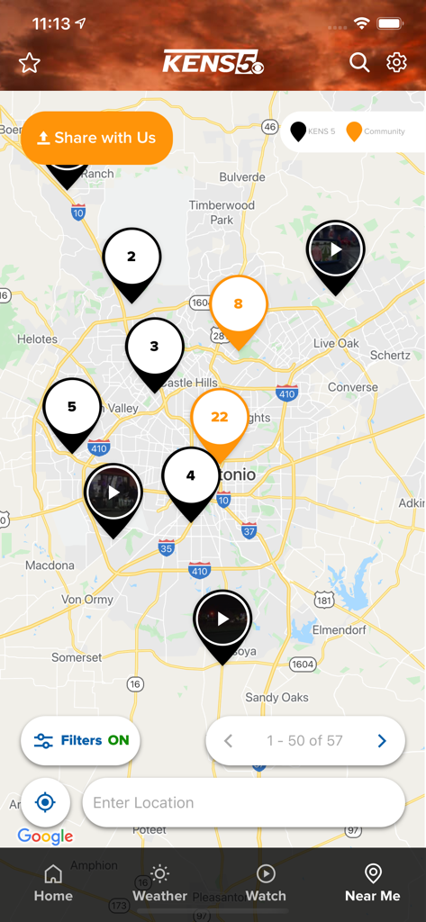 Eine interaktive Karte in der KENS 5 San Antonio Nachrichten App, die die Standorte lokaler Nachrichtengeschichten und Community-Berichte im Raum San Antonio zeigt.