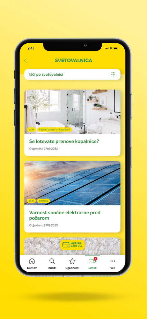 MERKUR Zate - Tela do aplicativo MERKUR Zate mostrando artigos de conselhos para melhorias em casa em renovação de banheiro e segurança de painéis solares