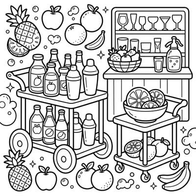 Dive into a delightful world of imagination with this fun coloring page featuring playful bar carts and a home bar setup. Kids aged 4-8 will love bringing this whimsical scene, full of juicy fruits and bottles, to life with their favorite colors.