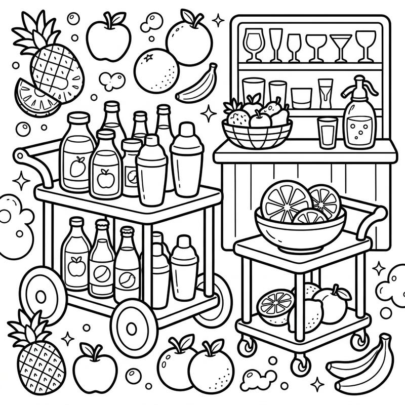 Dive into a delightful world of imagination with this fun coloring page featuring playful bar carts and a home bar setup. Kids aged 4-8 will love bringing this whimsical scene, full of juicy fruits and bottles, to life with their favorite colors.