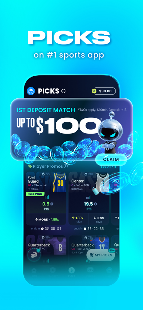 Sleeper app interface showing a 100 dollar first deposit match promotion and player picks for daily fantasy sports.