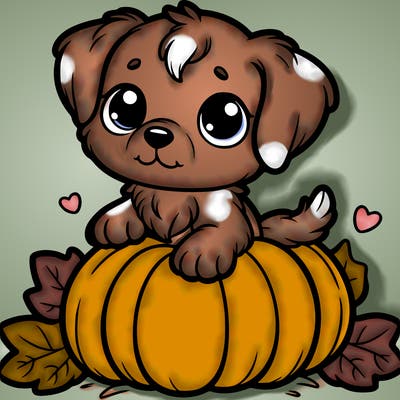 one cute puppy sitting on a pumpkin
