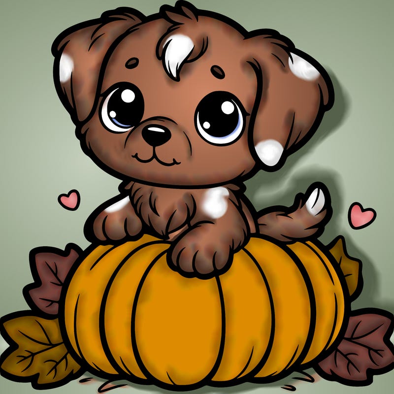 one cute puppy sitting on a pumpkin