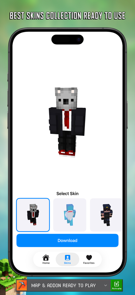 Master Craft for Minecraft PE - Interface do Master Craft para Minecraft PE mostrando uma coleção de skins personalizadas para personagens