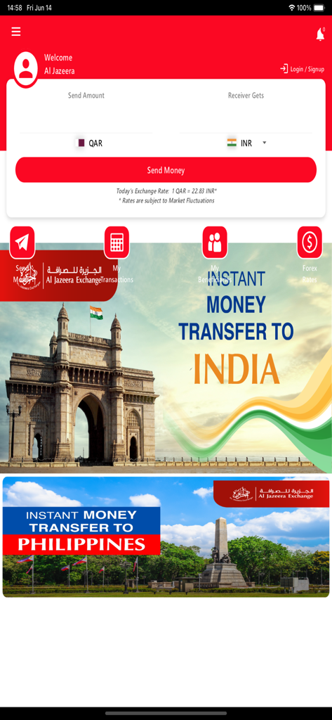 Al Jazeera Exchange - Qatar - Mobile App-Oberfläche von Al Jazeera Exchange Katar mit internationalen Geldtransfers nach Indien und auf die Philippinen