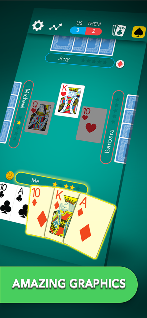 Captura de tela da jogabilidade do Euchre Classic Card Game mostrando cartas grandes e uma interface de mesa digital limpa