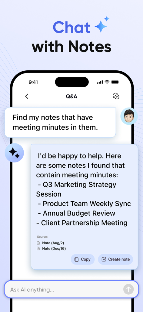 AI Notebook & Voice Memo - AI Notebook app chat interface showing a user searching for meeting minutes notes